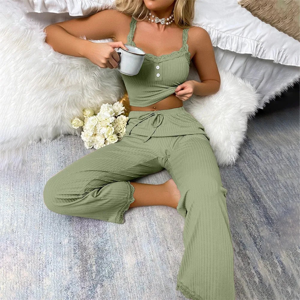 New Women's Two-Piece Pajama Set with Solid Color Lace Edging, Sexy Slim Fit Suspender, and Pants - Soft and Comfortable Pajamas Set