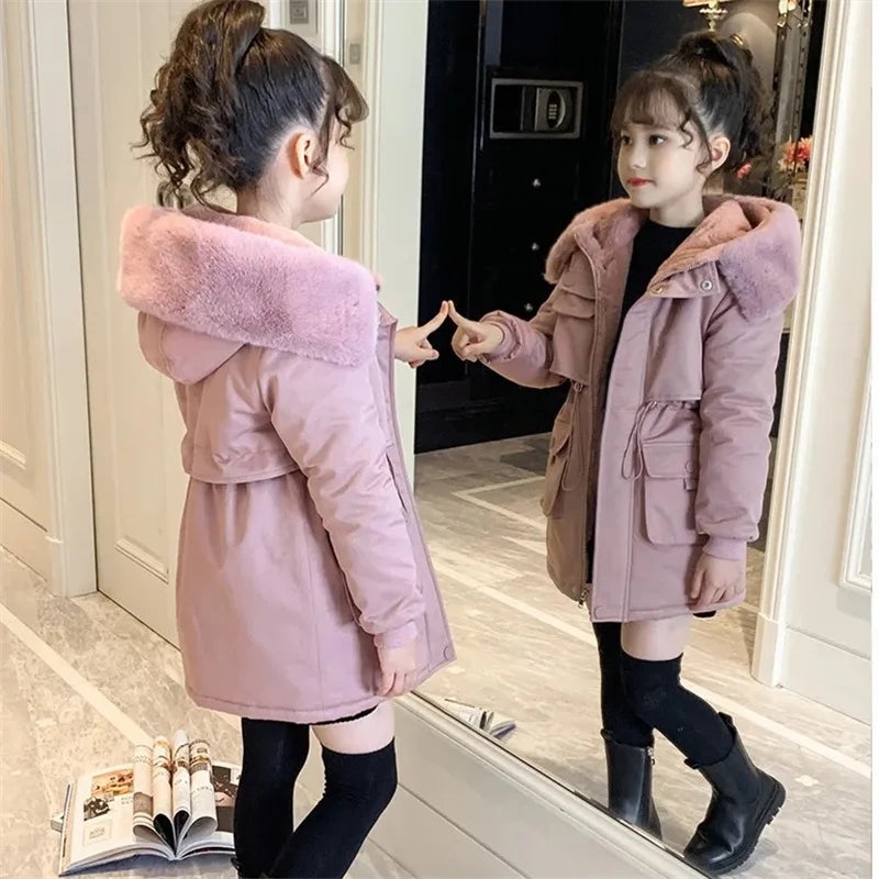 Thick Girls' Jackets Plush Velvet Fur Collar Kids' Coats Children's Winter Warm Hooded Outerwear Teenager Fashion Padded Parka