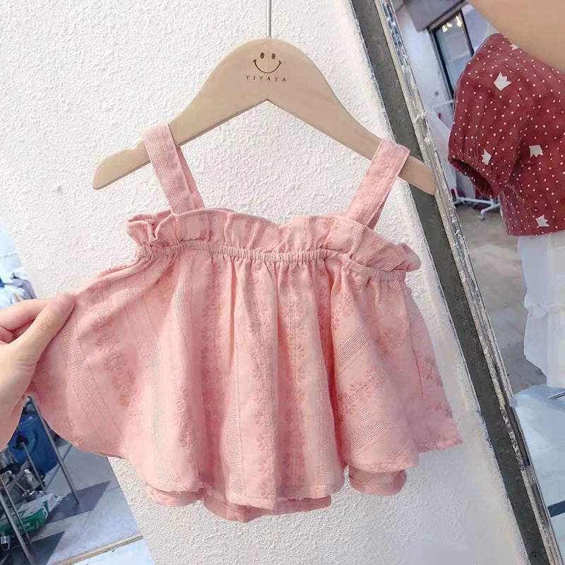 Girls Outfit Set 2026 Summer Clothing Sets Hollow Lace Suit Baby Casual Sleeveless T-shirt+Shorts Kids Clothes Sets Baby Clothes