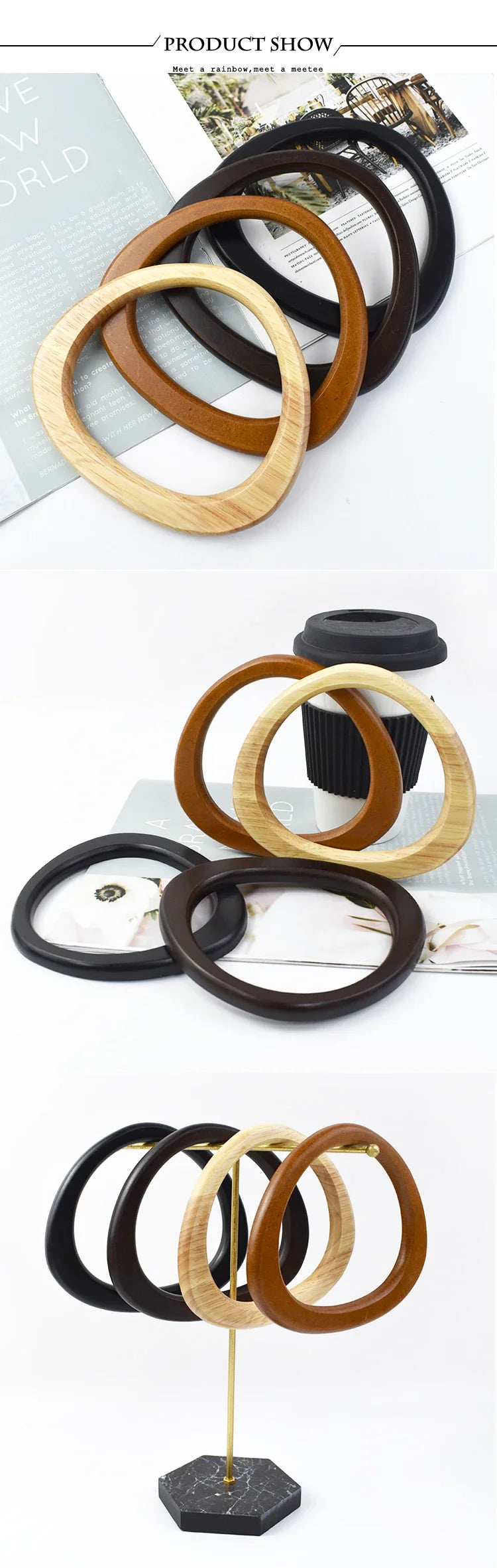 2/4Pcs Deepeel 14.5*12.5cm D Shape Women's Handbag Wooden Handle Handcrafted Woven-Bag Purse Wrist Handles DIY Bags Accessories