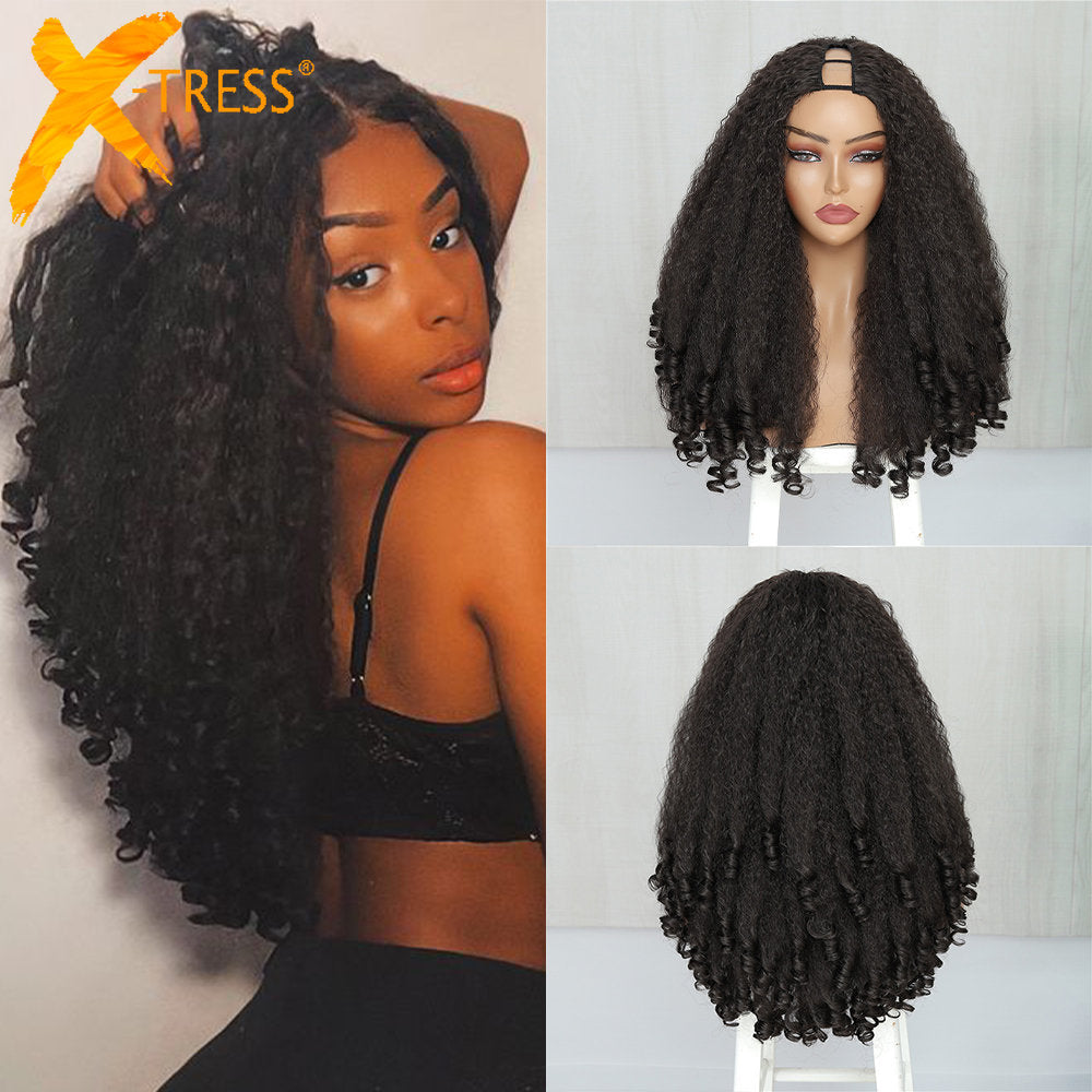 X-TRESS Afro Curly V Part Wig with Bouncy Curls Synthetic Kinky Straight Glueless Hair for Women No Leave out Clip in Half Wig