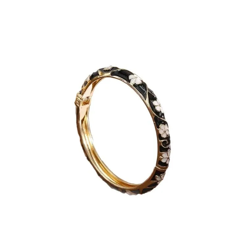 Bracelet Jonc Floral Émail Ouvert | Rétro Ton Or | Délicat Élégant | Cadeau Bijou Femme