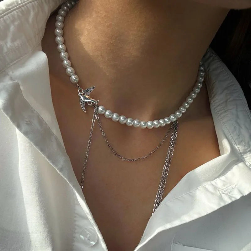 Collier Multicouche Frange Chaîne | Perle Imitation Vintage | Pendentif Choker | Bijou Mariage Femme