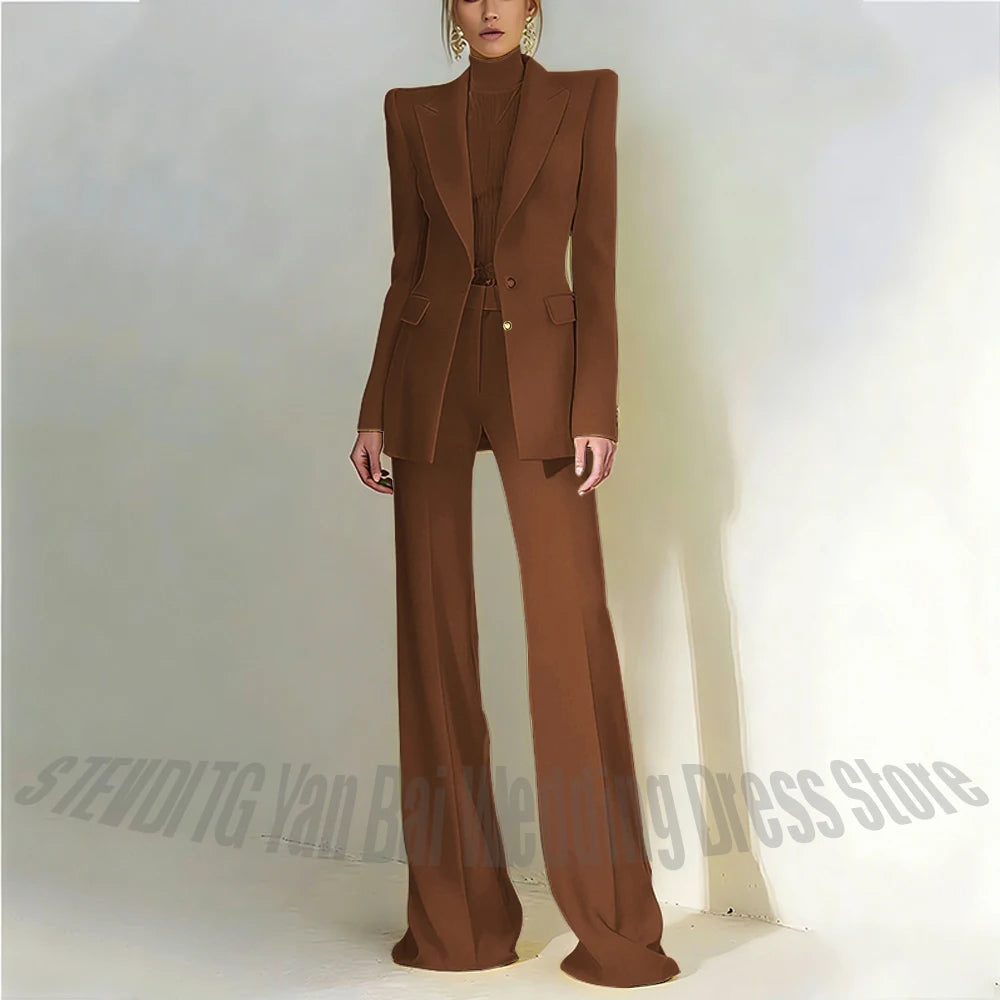 Women's Pant Suit 2 Piece Set Office Female Business Work Formal Jacket Trouser One Button Chic Yellow Peaked Lapel Elegant Suit