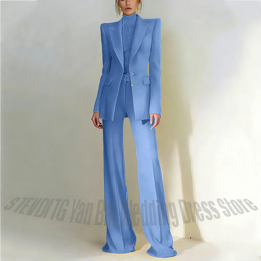 Women's Pant Suit 2 Piece Set Office Female Business Work Formal Jacket Trouser One Button Chic Yellow Peaked Lapel Elegant Suit