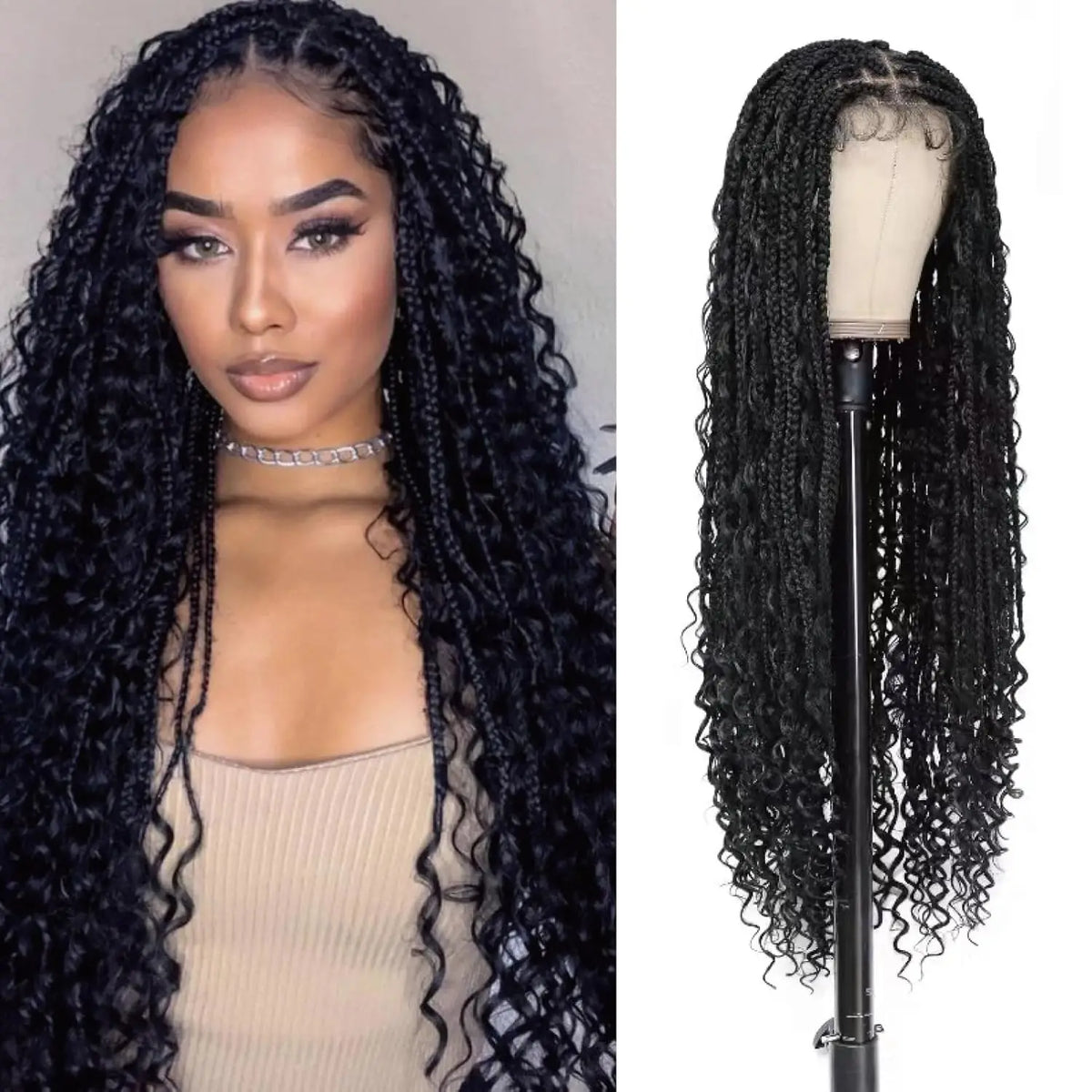 Perruque Tressée Bohème Longue Synthétique | Boho Box Braids | Full Lace | Baby Hair | Femmes Noires