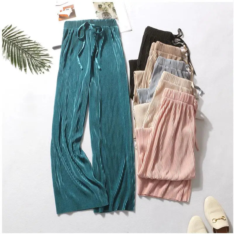 Pantalon Large Plissé Soie Glacée Femme | Taille Élastique Ample | Casual Été Mode