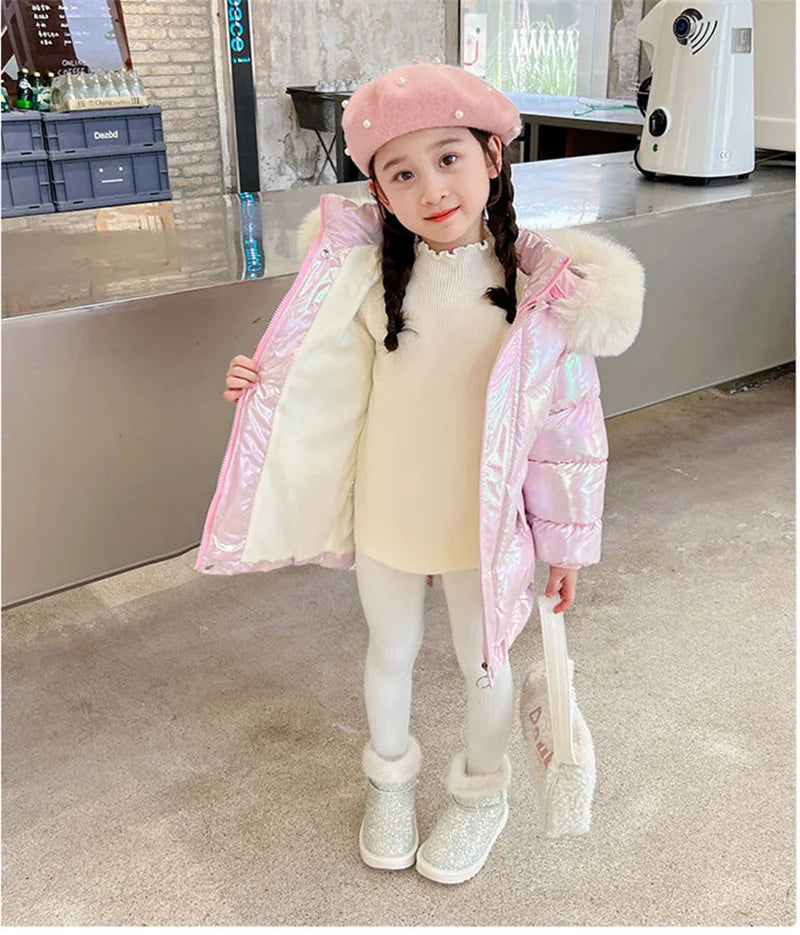 Doudoune Longue Fille Licorne | Imperméable Brillante | Col Fourrure Capuche | Parka Enfant Hiver