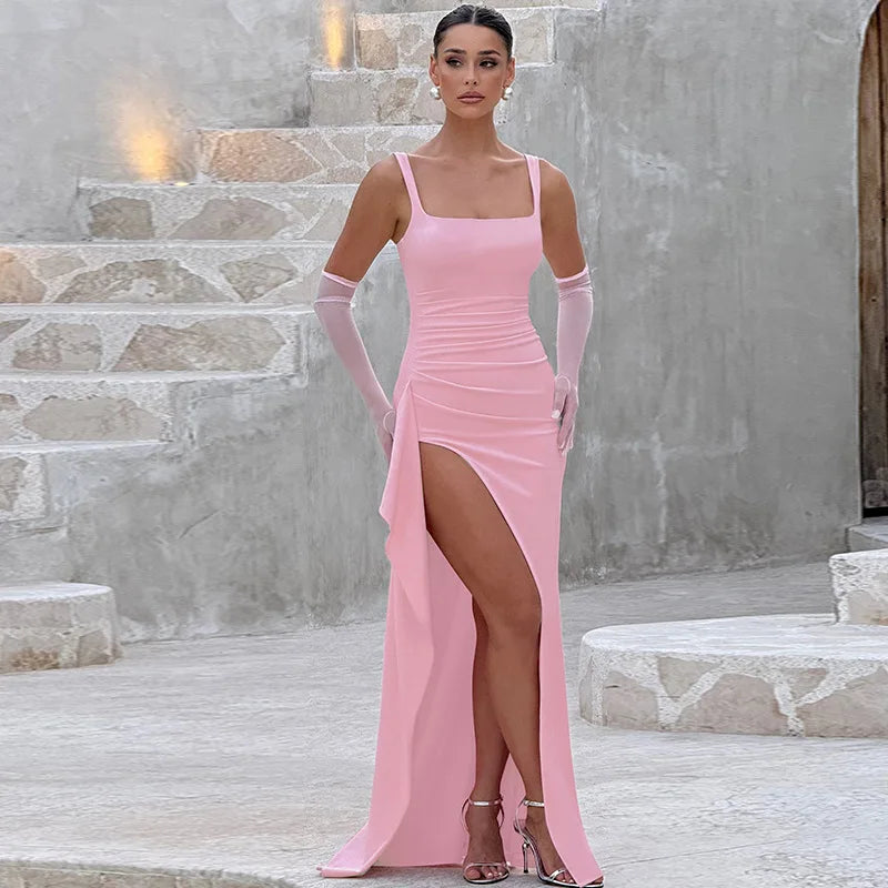 Robe Midi Bodycon Soirée Femme | Bretelles Spaghetti | Col Carré Fente | Sexy Formelle Prom | Longue Gala