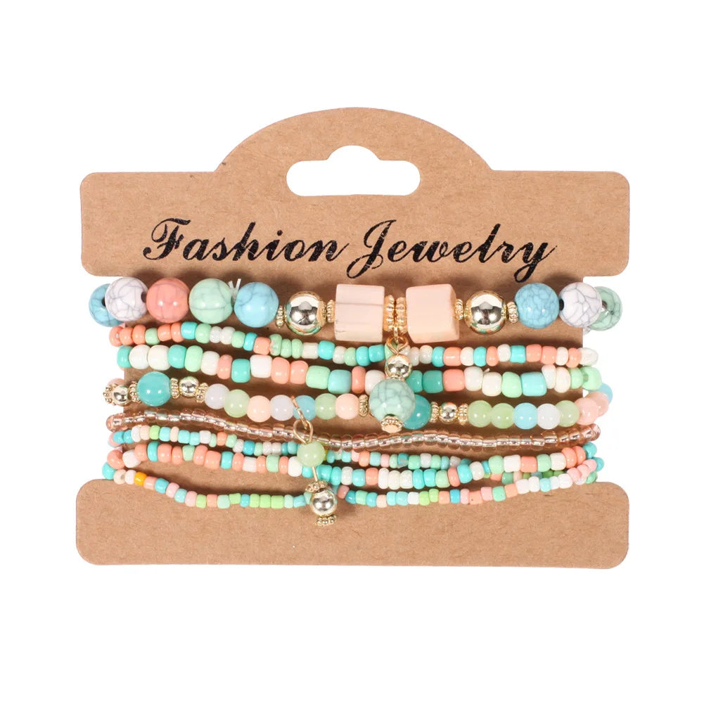 Bohemian Handmade Beaded Bracelet Set For Women Summer Colorful Beaded Chain Bangle Girls Boho Jewelry Accessories