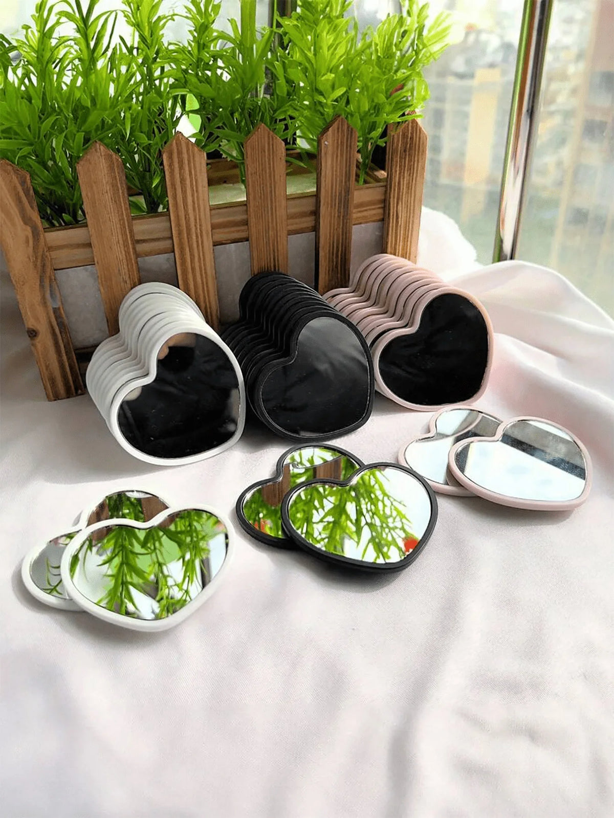 12 Heart-Shaped Mini Mirrors, Polished Surface, Plastic Frame, Tabletop Display, Unscented, Floral Theme, Portable, No Electricity Required, Stylish Tabletop Mirror | Durable Mirrors, Cute Compact Mirrors, Perfect for Birth