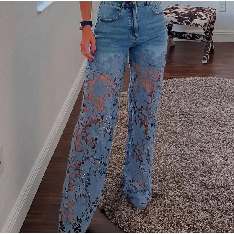Jean Femme Taille Haute Jambe Large | Dentelle Ajournée Denim | Coton Printemps-Été | Style High Street | XS à XXXL