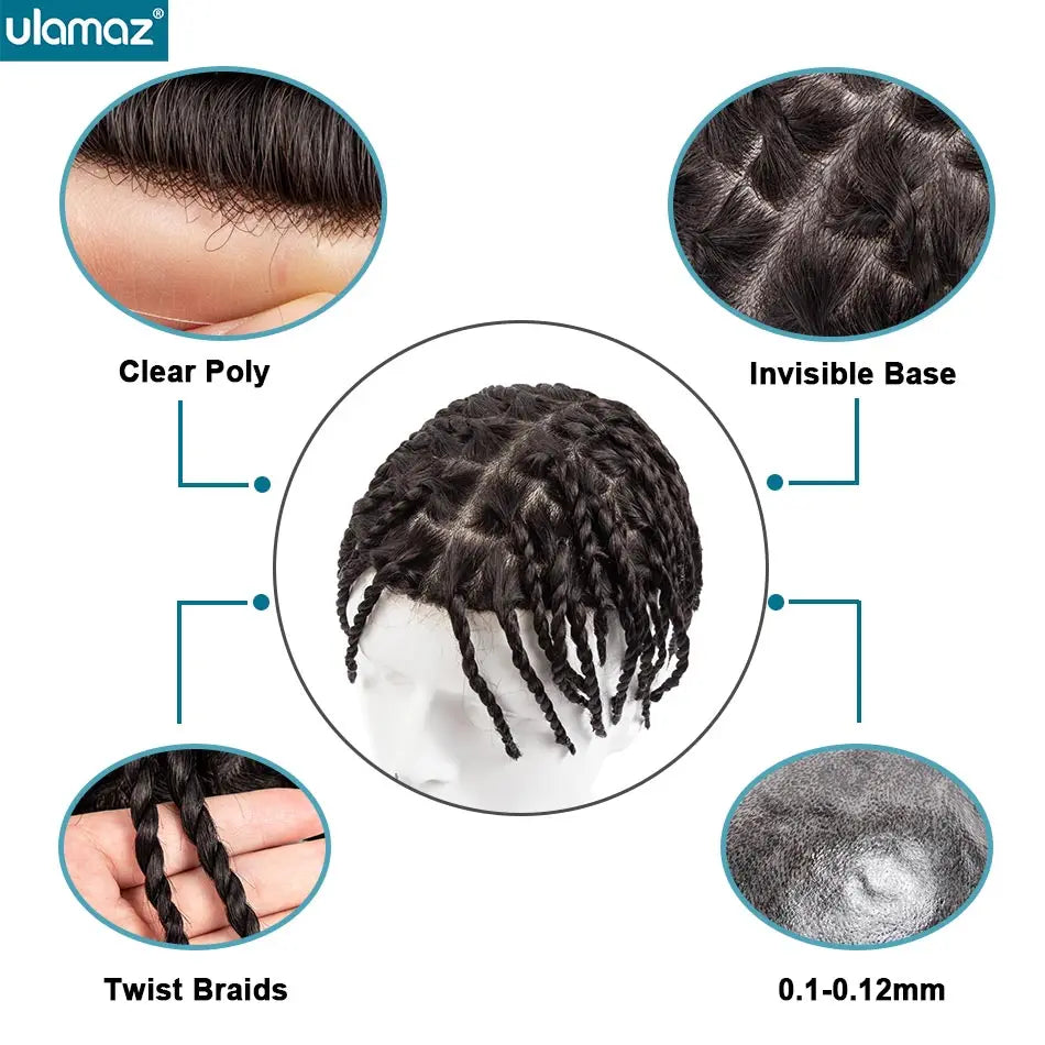 Perruque Tresses Twist Homme Indétectable | Prothèse Capillaire Crochet | Peau | Hair System | Homme Noir