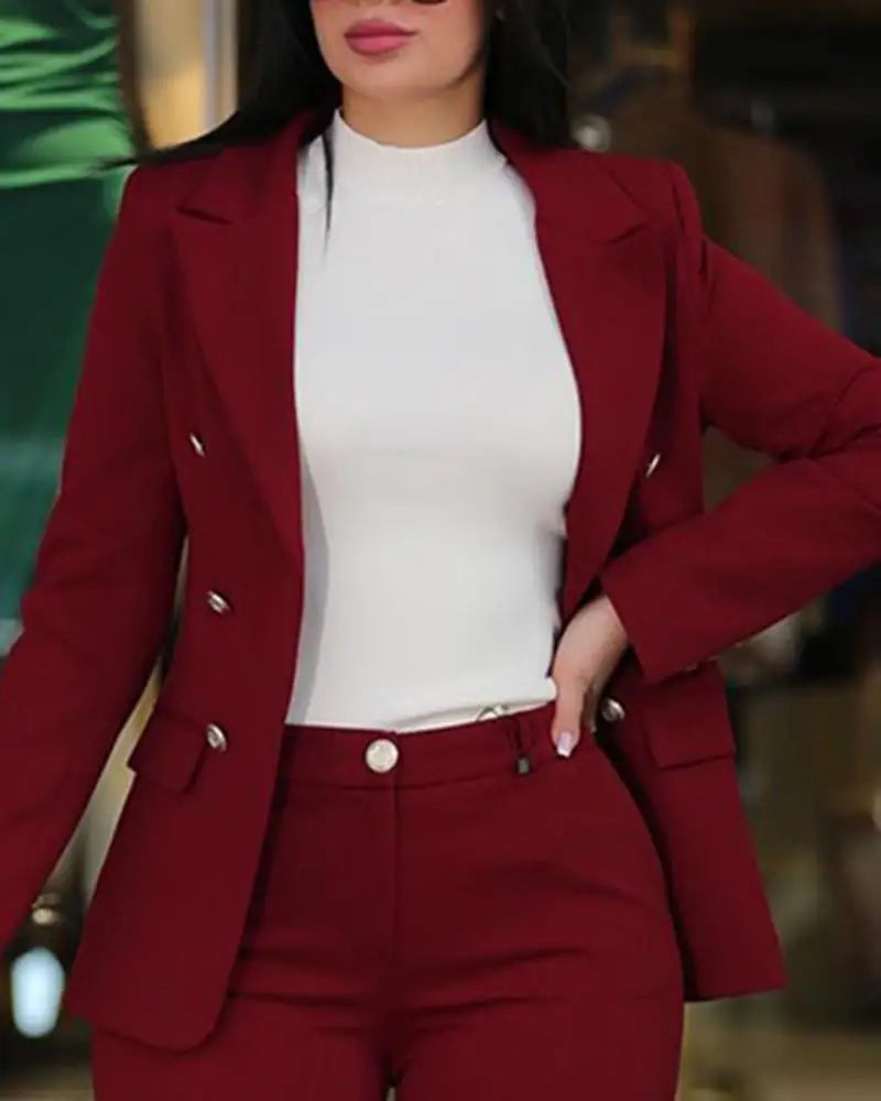 Pants Sets Two Piece Women Cardigan Blazer Double Breasted Slim Fit Pencil Pants Pockets Solid Casual Suits Outwear Spring 2025