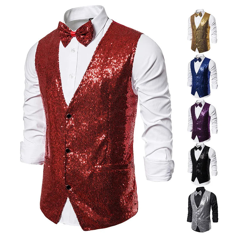 Luxury Vest for Men V-neck Slim Sparkling Tailcoat Solid Plain Waistcoat Bowtie Set Wedding Party Formal Sleeveless Jacket