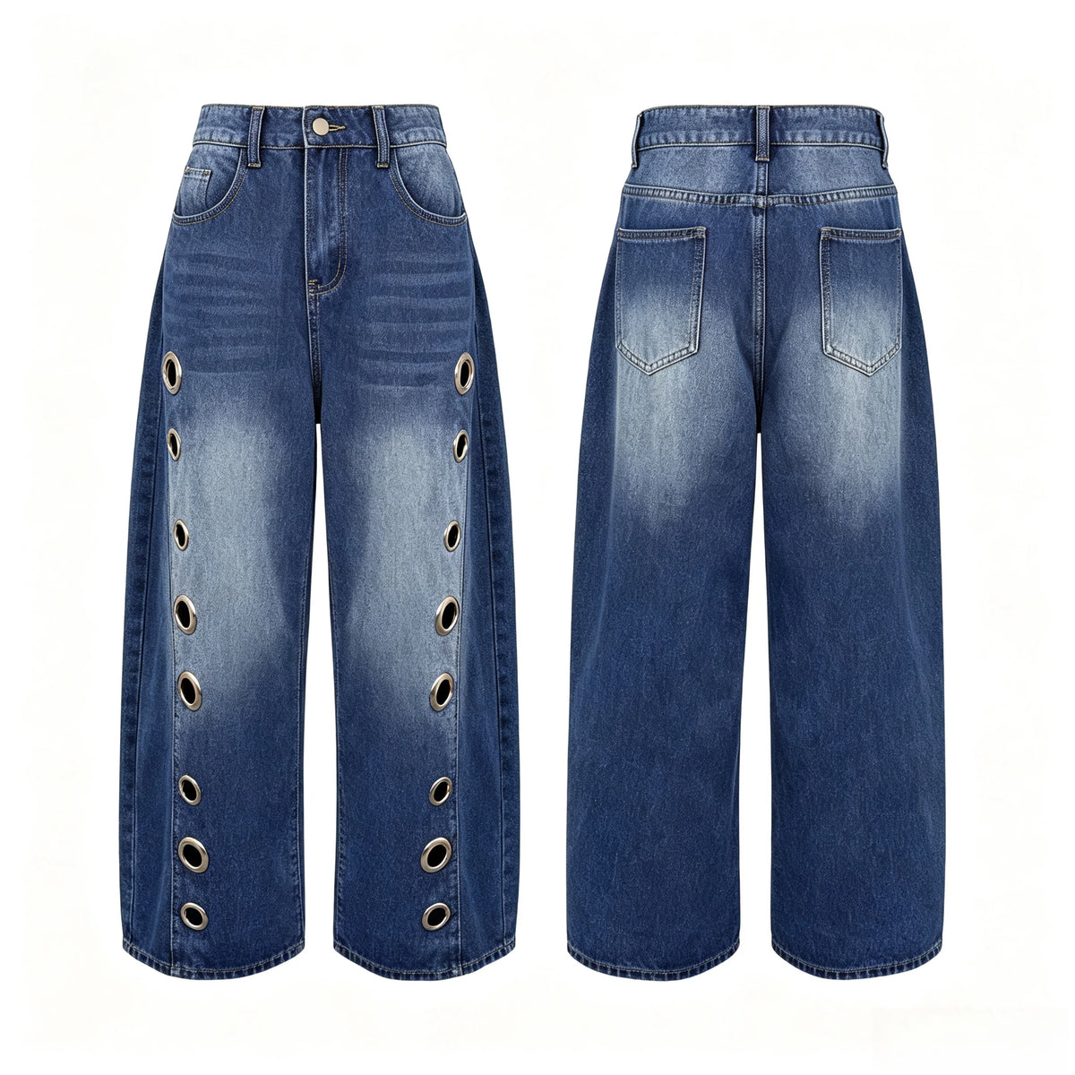 Missuoo Women's Washed Blue High-Waist Metal Grommet Wide Leg Jeans 2026 Casual Loose Fit Streetwear Pants Casual Trousers