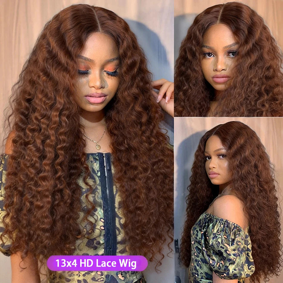 250 Density Chocolate Brown Deep Wave Human Hair Wig 30-38 Inch Transparent Lace Frontal Wigs 13x6 Lace Front Water Curly Wigs