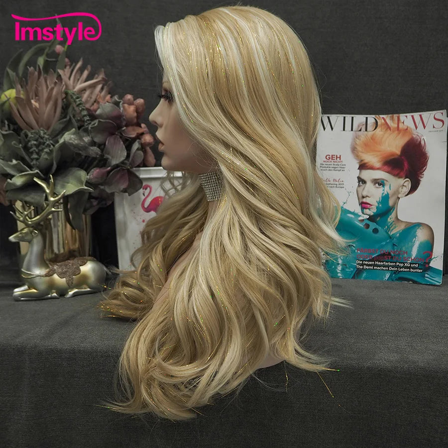 Imstyle Tinsel Blonde Wig Synthetic Lace Front Wig Highlight White Long Wavy Hair For Women Cosplay Wigs