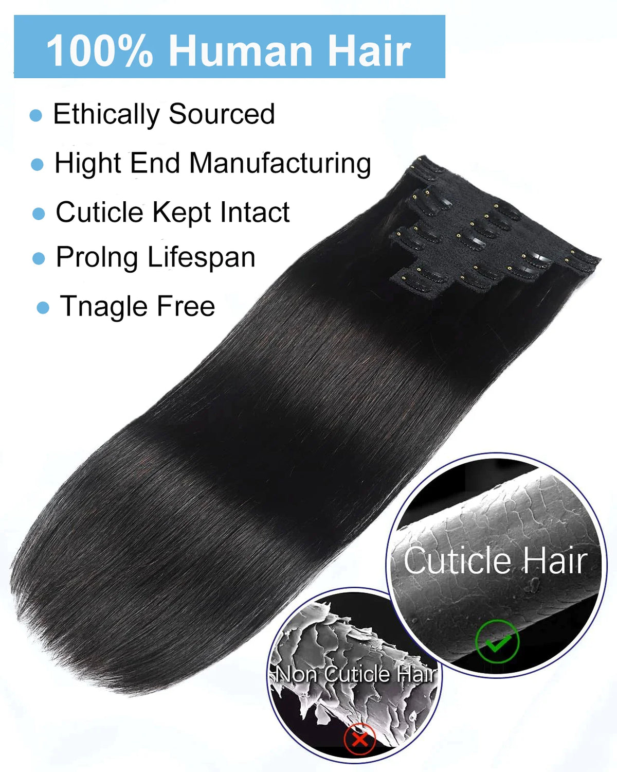 Extensions à Clips Cheveux Humains | Noir Naturel | 18 Clips | 8 Pièces | Volume Complet | Femme
