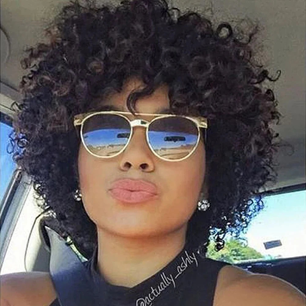 Kinky Curly Human Hair Wig Short Bob with Bangs for Black Women Machine Made Afro Curly Style Pre Plucked Natural Look Daily Wig