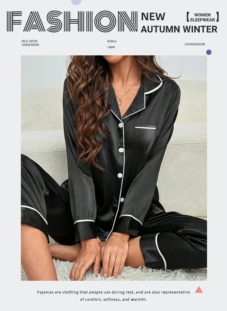 Plus Size Pajamas Women Fall and Winter Ice Silk Long Sleeve Two Piece Set Loungewear Nightwear Ladies Solid Color Sleepwear
