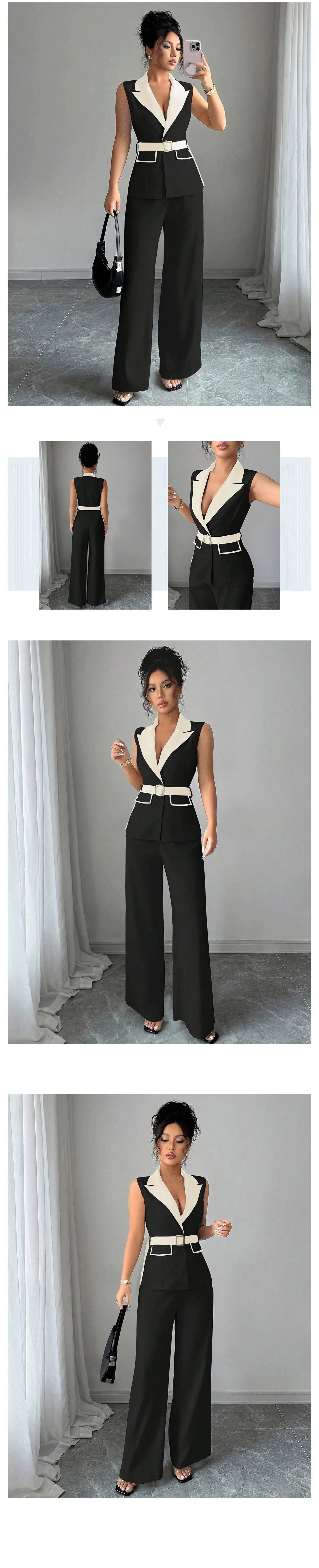 Ensemble gilet blazer sans manches élégant pour femme avec pantalon large et ceinture
