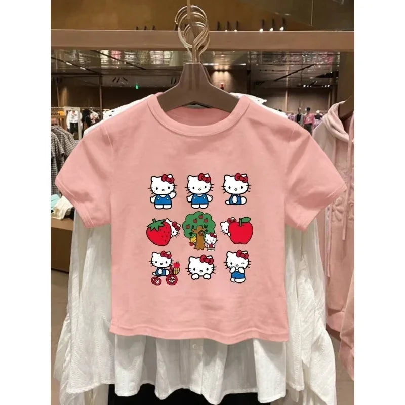 2026 New Summer Collection: Hello Kitty Cartoon Kids' Fashion T-Shirt  Pure Cotton, Printed, Cute Short Sleeve Tops