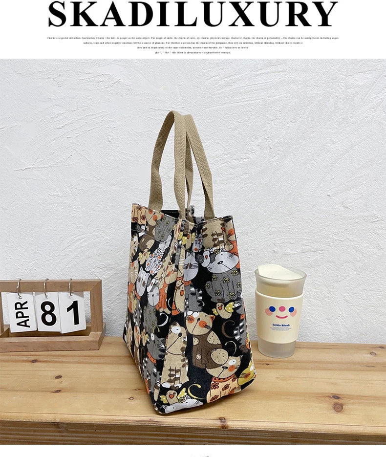 Fashionable Top-Handle Bag with Cute Cat Pattern, Portable Mommy Bag for Women