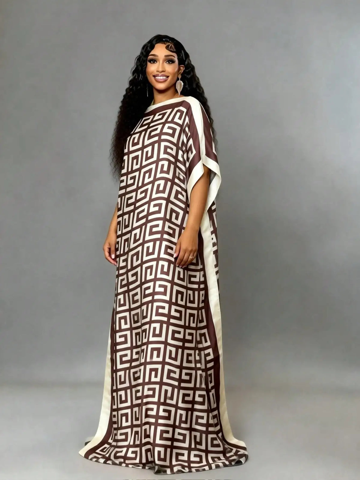 Elegant Plus Size African Print Silk Dress with Scarf 2 Piece Set Fashionable Middle Eastern Kaftan Robe for Women