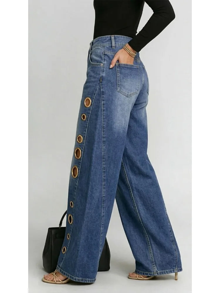 Missuoo Women's Washed Blue High-Waist Metal Grommet Wide Leg Jeans 2026 Casual Loose Fit Streetwear Pants Casual Trousers