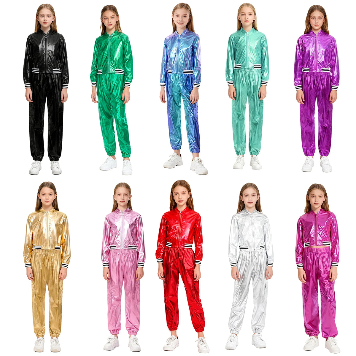 Ensemble Danse Fille Hip Hop | Veste Bomber Métallique & Pantalon | Costume Scène Carnaval Jazz