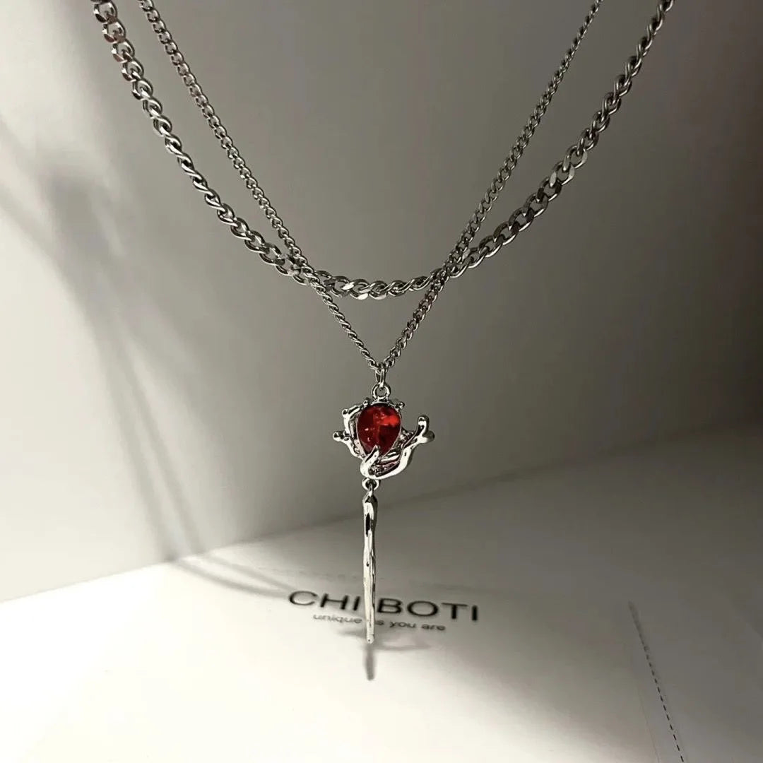 Two-Layer Mixed Chain Silver Necklace, Irregular Frame Red Crystal Thorn Pendant Gothic Cool Stack Collarbone Jewelry for Women