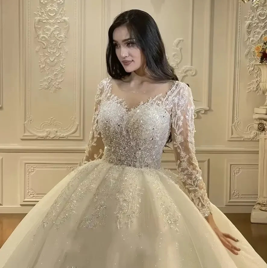 Customized Luxury Wedding Dress Illusion Neck Long Sleeves Lace Appliques Beads Bride Gowns Robe Mariage Vestidos De Novia