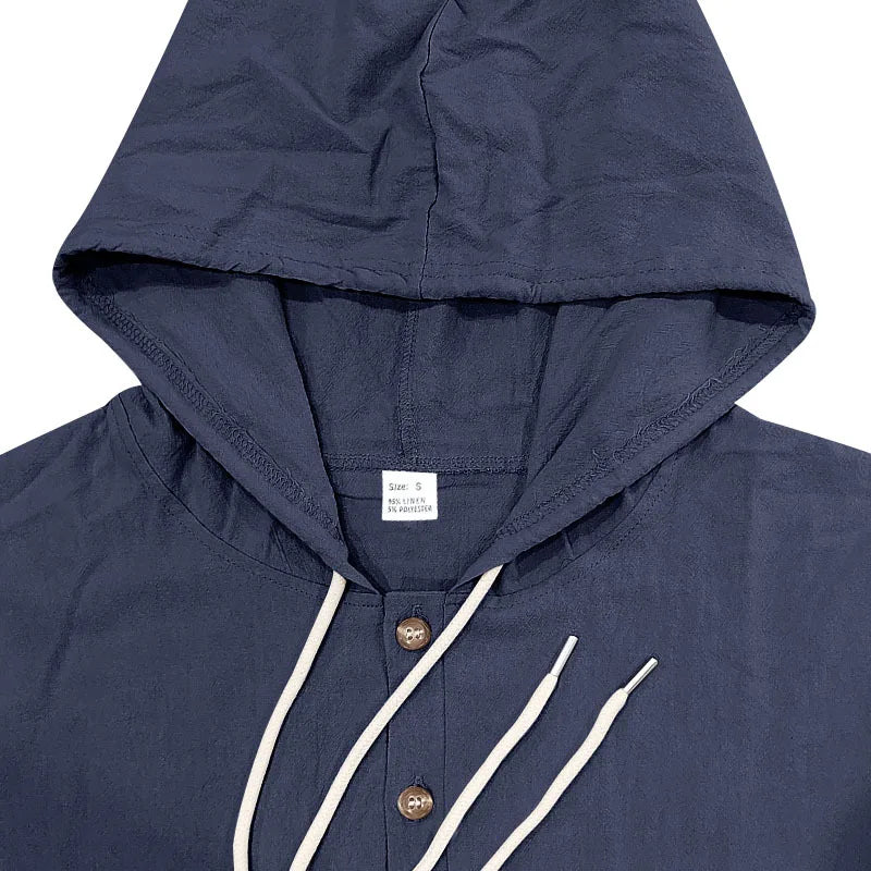 Men's Linen Hoodie Shirt Casual Slim Fit Hooded Long Sleeve Solid Button Down T-shirt Tops New Men Spring Summer Vacation Shirts