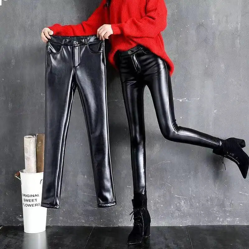 Pantalon Femme Cuir PU Cachemire | Taille Haute Slim Chaud | Polaire Intérieure | Automne-Hiver 2024 | Noir | S à XXXL
