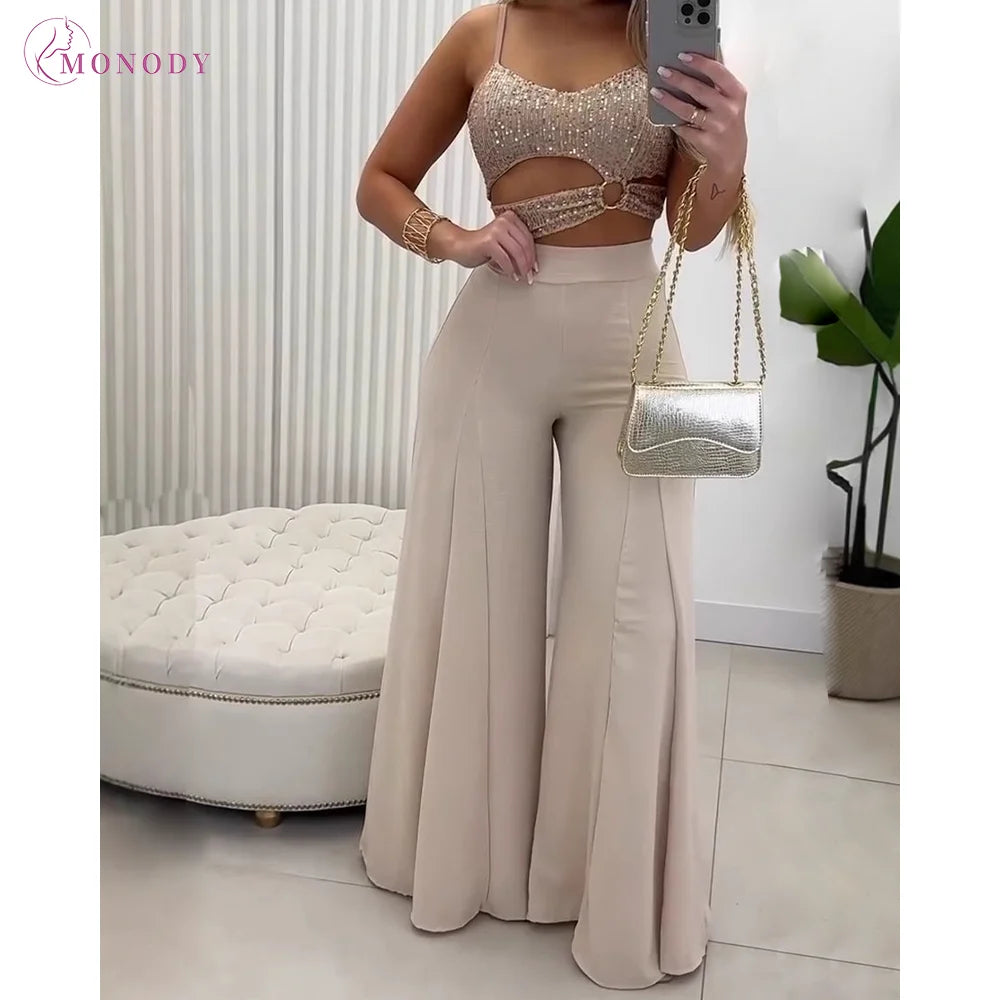 Women's 2-Piece Outfit Slim Fit Wide Leg Pants Spaghetti Strap Top Casual Elegant Summer Spring Matching Set For Party Vacation