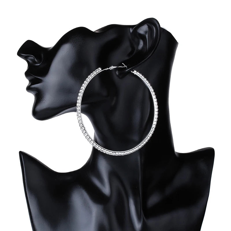 Grandes Boucles Créoles 30-80mm | Cristal Strass Cercle | Noir Or Argent | Femme Fille | Fête Cadeau