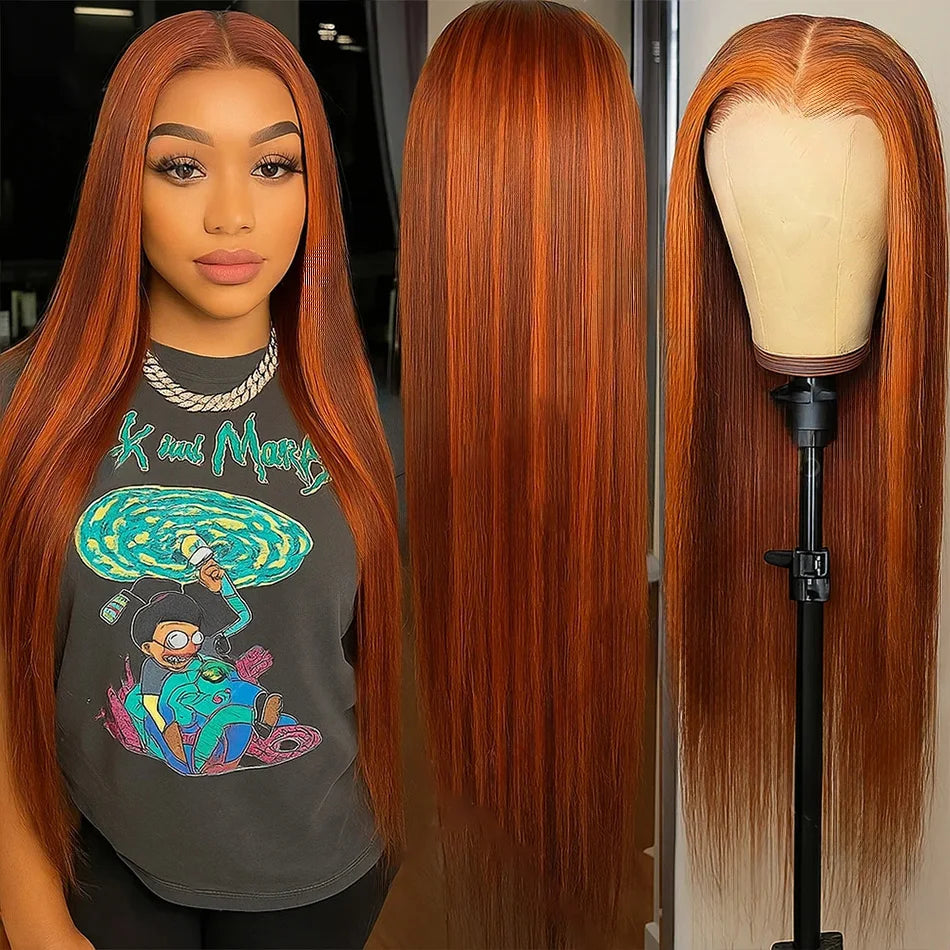Perruque Lisse Highlight Ombre 4/350 | Gingembre Orange Brun | 13x6 & 13x4 Lace Front | Glueless | Cheveux Humains