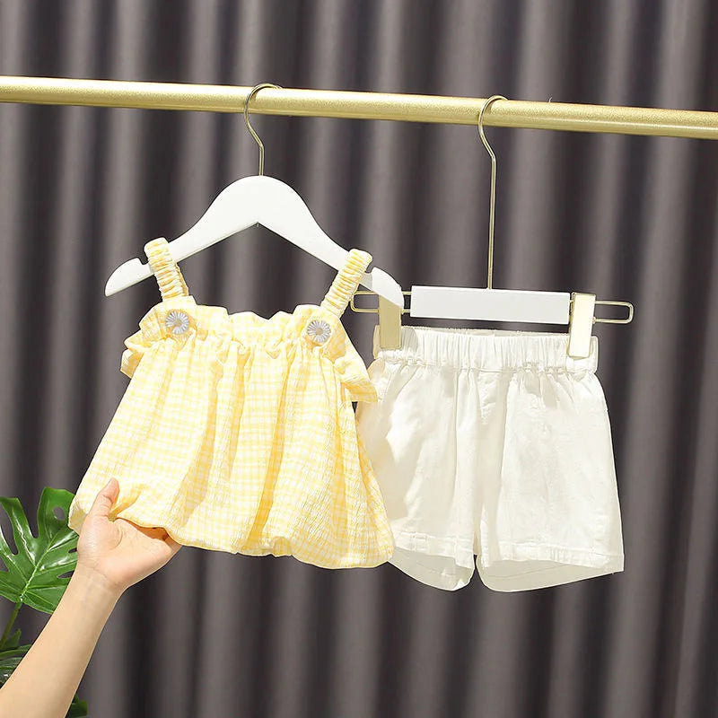 Girls Outfit Set 2026 Summer Clothing Sets Hollow Lace Suit Baby Casual Sleeveless T-shirt+Shorts Kids Clothes Sets Baby Clothes