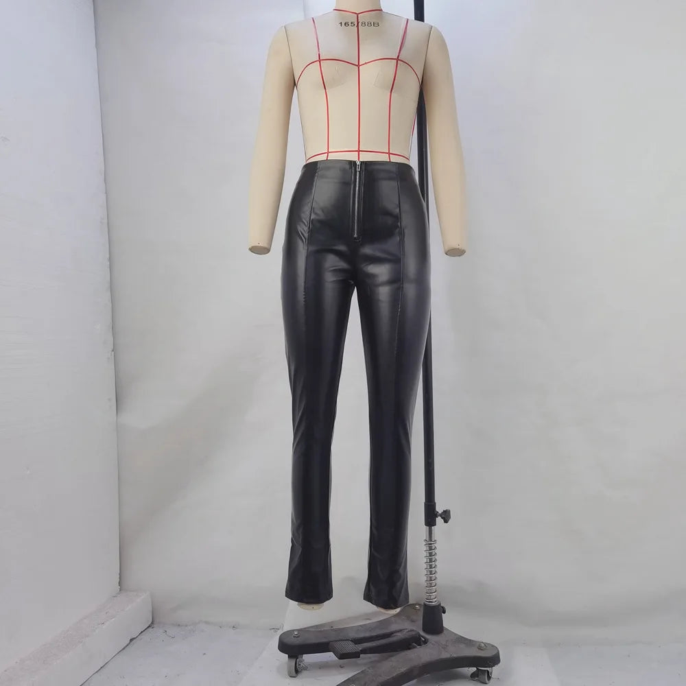 Women High Cut Fashion PU Leather Pencil Pants 2024 American And European Sexy Zipper Fly Legging Lady Slim Faux Leather Outfits