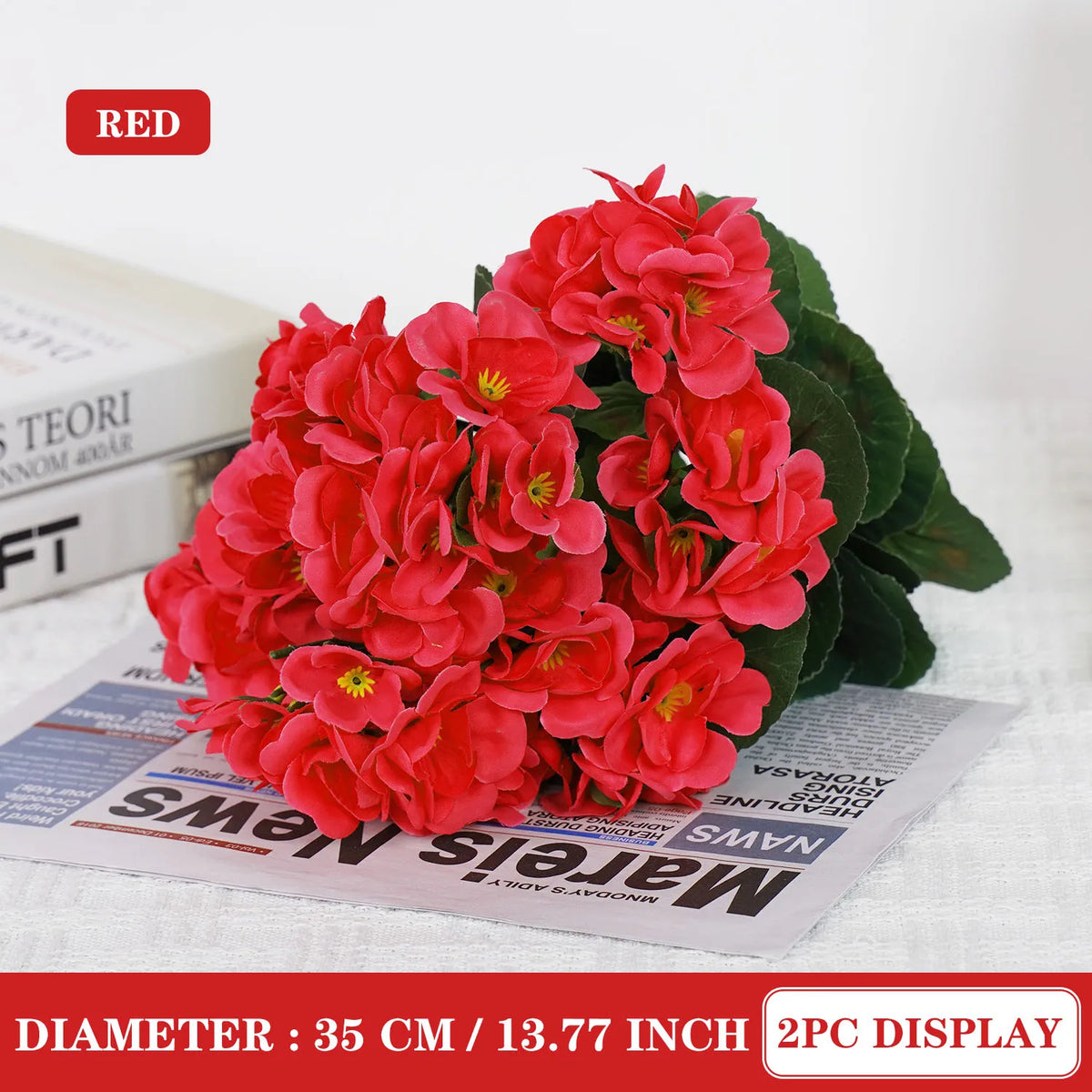 Uflower 1Pc Artificial Begonia Flower Plants for Wedding Bouquet Home Garden Bonsai Christmas Wreath Decor