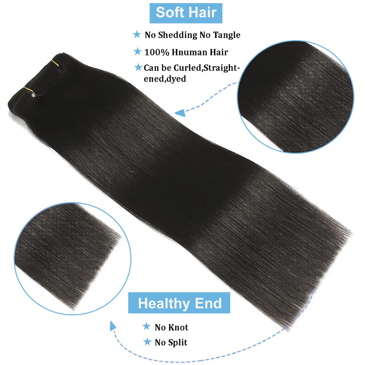 Extensions à Clips Cheveux Humains | Noir Naturel | 18 Clips | 8 Pièces | Volume Complet | Femme