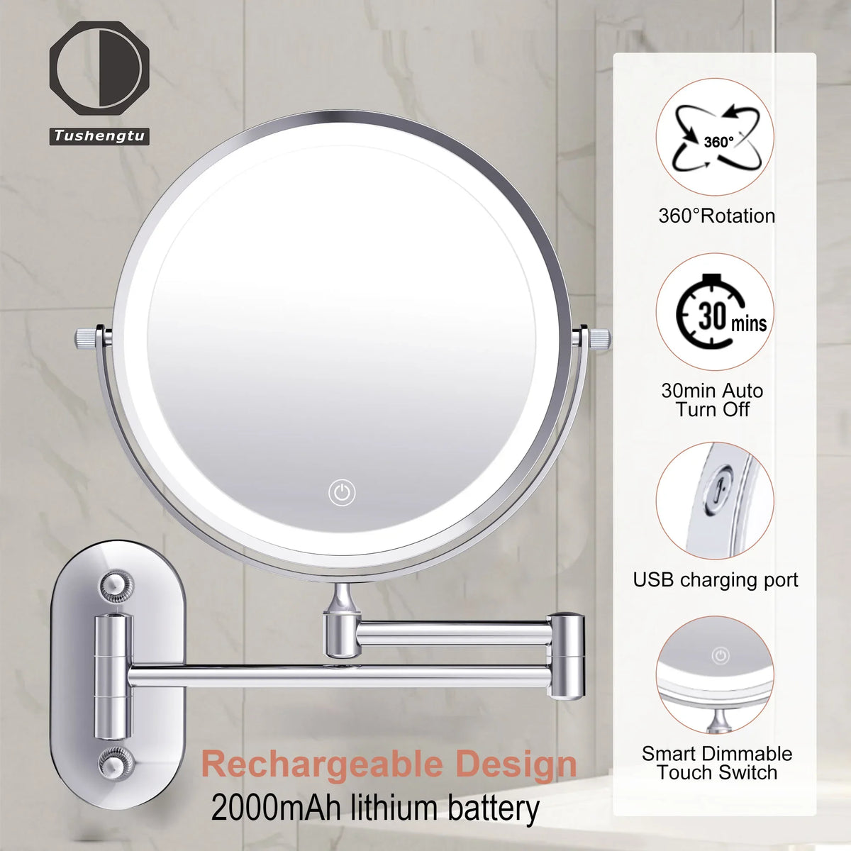 8" Wall Mounted Makeup Mirror With Lights, 10x Magnifying Mirror Wall Mount for Vanity, Bathroom and Shaving