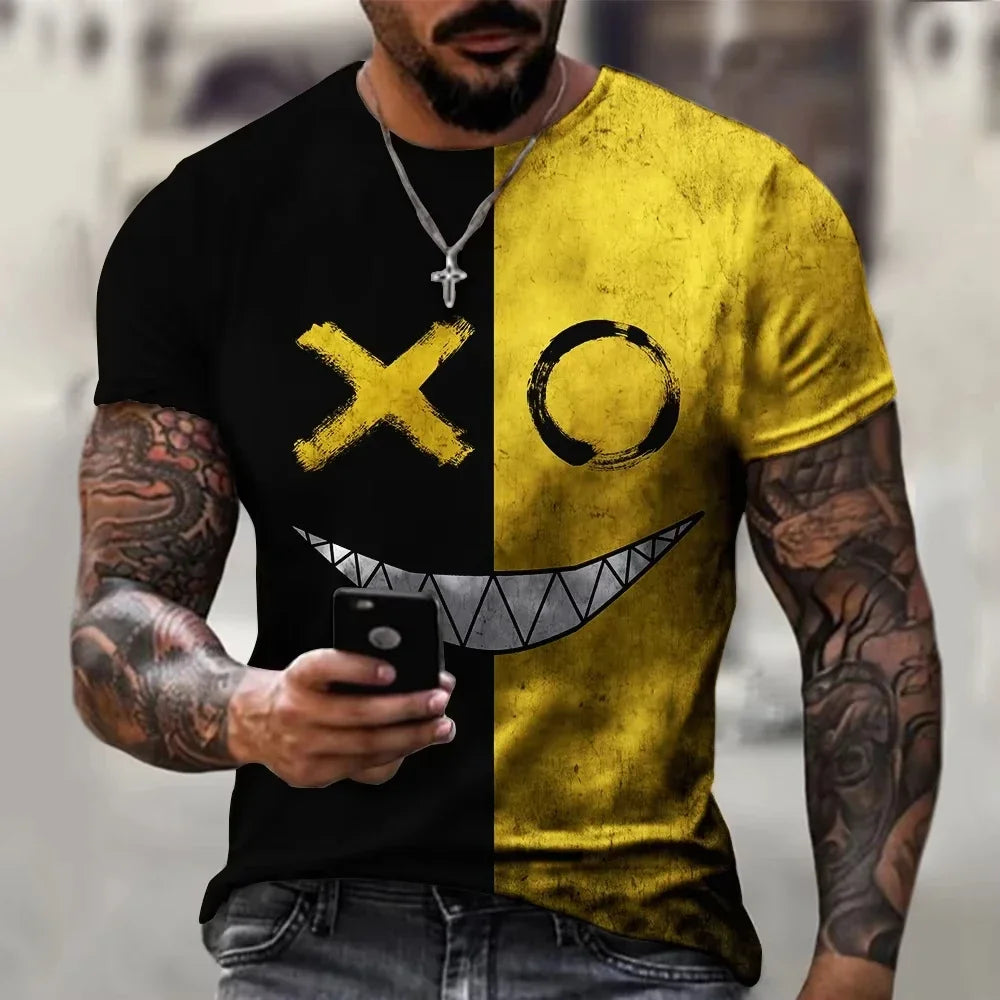 2026 New Oversized T-Shirt for Men, Casual Short Sleeve Hip Hop Smiling Face Print, Plus Size Tee Shirt Pullover, Men's T-Shirt Top