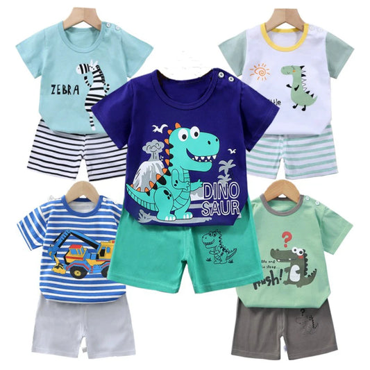 T-Shirt+Shorts 2-Piece Set Cotton Pajama Cartoon Bear Dinosaur Kid Baby Boys Girls Summer Casual Tracksuit Clothes Suit 1-4 Years