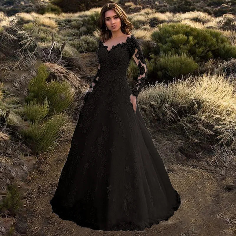 2026 New Women's Dress Lace Deep v Long Sleeve Dress Long Dress Long Dress Gown Vestidos De Festa