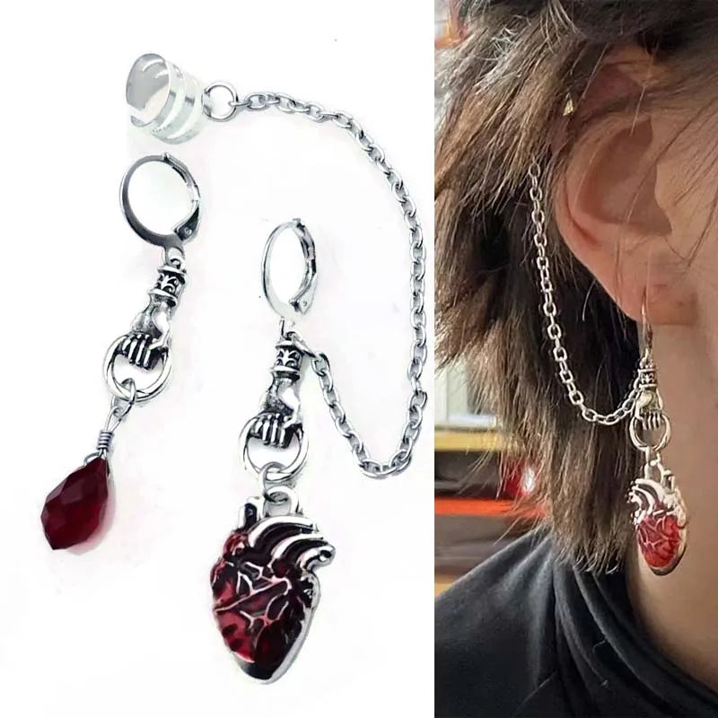 Beating Heart Huggie Earrings Gothic Punk Scary Red Bleeding Heart Asymmetrical Ear Cuffs Clips Hoop Earrings Halloween Party
