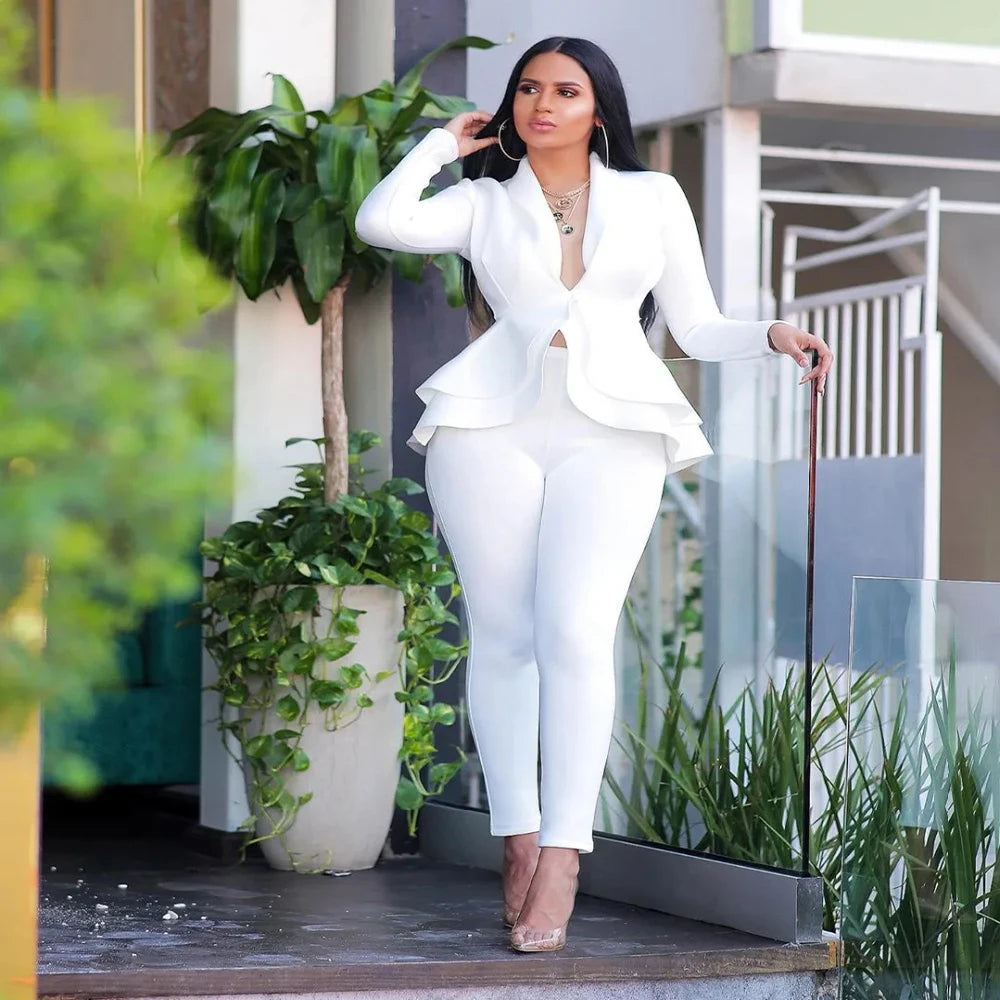 Women's Winter Tracksuit Set Full Sleeve Ruffled Blazer Pencil Pants Suit Two-Piece Set Office Lady Outfits Uniform