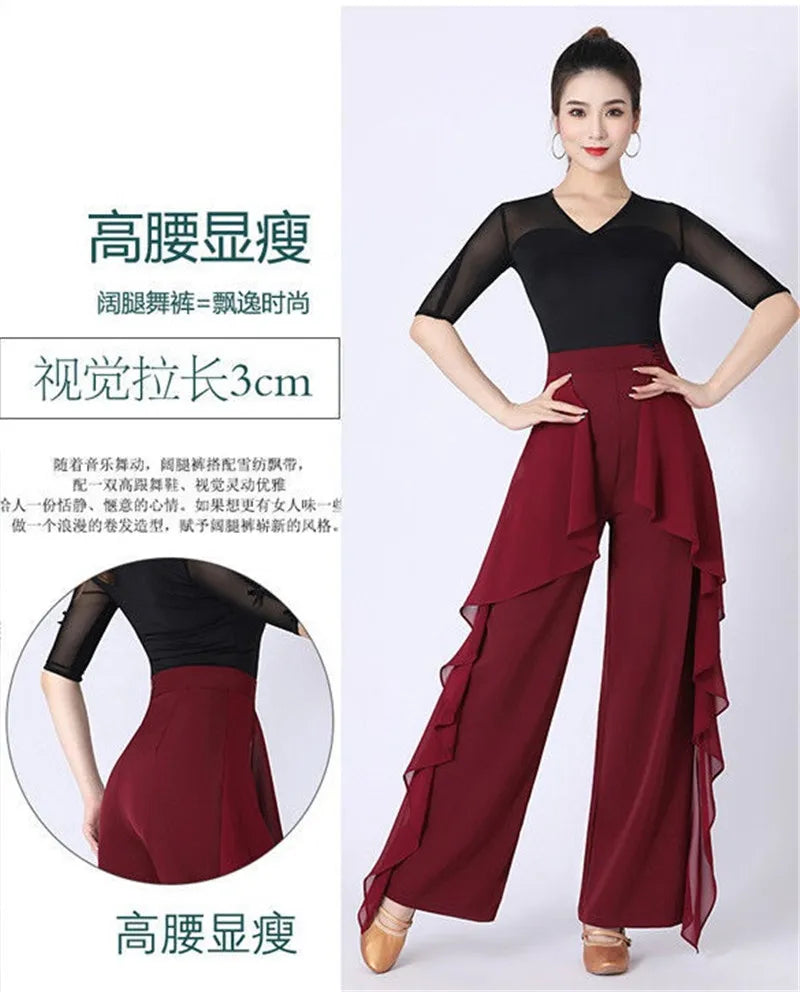 Dance Wide-Leg Pants Women's High-Waist Pants Lotus Leaf Side Loose Training Pants 2022 New Dance Female Pants