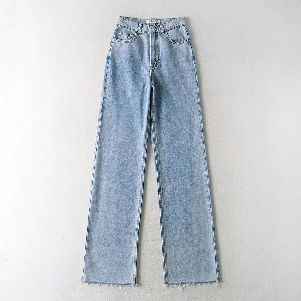 Jean Femme Taille Haute 2025 | Printemps-Automne | Décontracté Droit | Ourlet Brut Longueur Sol | Vintage
